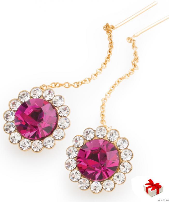 Cercei elemente Swarovski, floare ciclam cu lanţ auriu