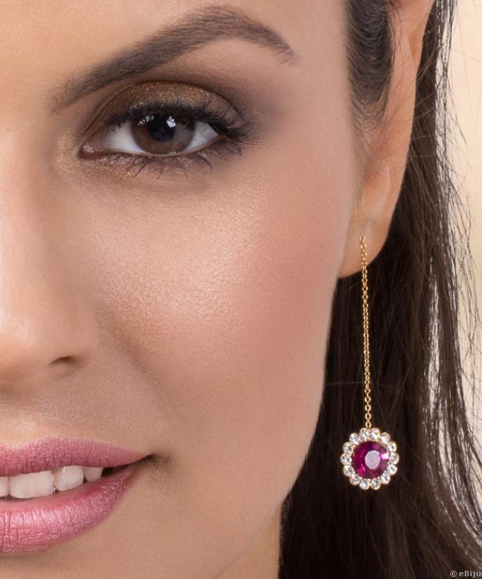 Cercei elemente Swarovski, floare ciclam cu lanţ auriu