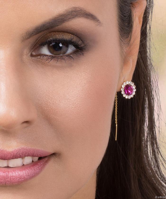 Cercei elemente Swarovski, floare ciclam cu lanţ auriu