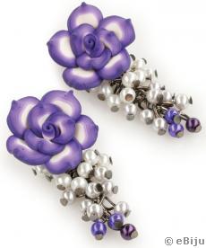 Cercei floare mov cu ciorchin din perle de sticla