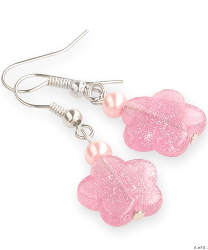 Cercei floricele roz cu sclipici si perle de sticla