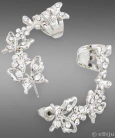 Cercei tip "ear cuff" cu cristale albe şi metal argintiu în formă de fluturi, o pereche
