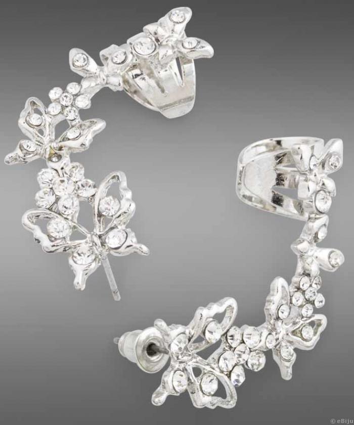Cercei tip "ear cuff" cu cristale albe şi metal argintiu în formă de fluturi, o pereche