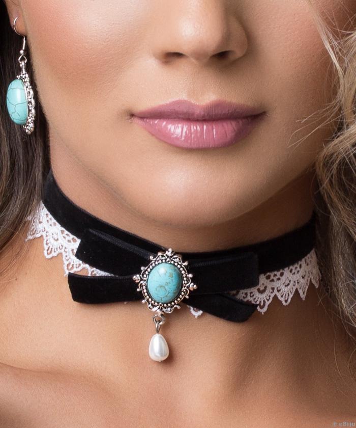 Choker catifea neagra cu cabochon howlite turcoaz