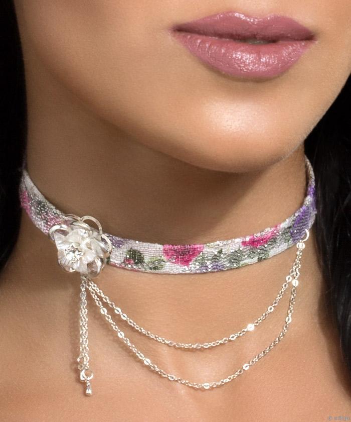 Choker cu imprimeu floral şi floare cu cristale