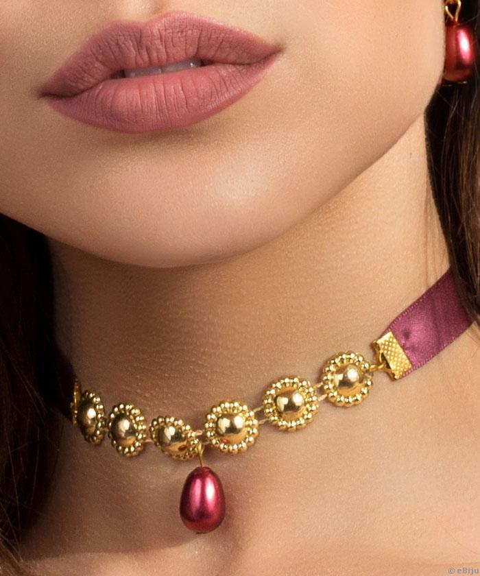 Choker din floricele aurii, cu saten bordo