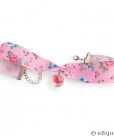 Choker din panglică de satin roz cu imprimeu floral