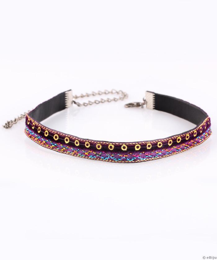 Choker din piele ecologică neagră decorată cu catifea mov, paiete aurii