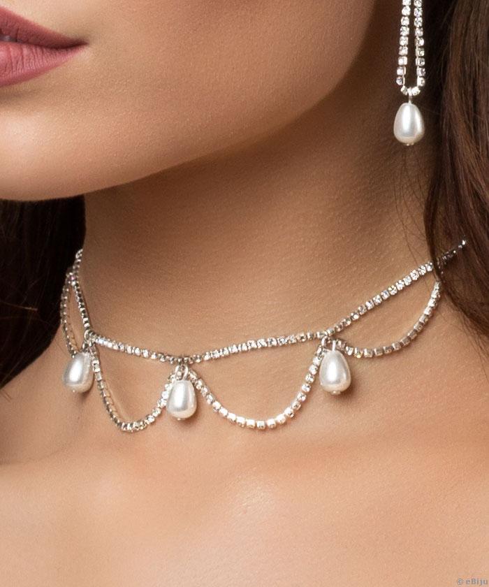 Choker elegant cu cristale şi perle albe