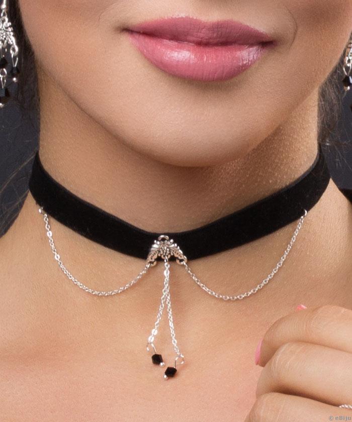 Choker negru cu lanturi argintii si cristale