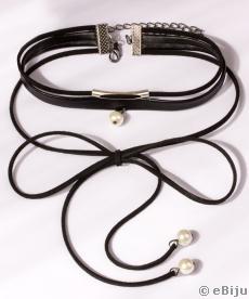 Choker negru, triplu, cu perle albe