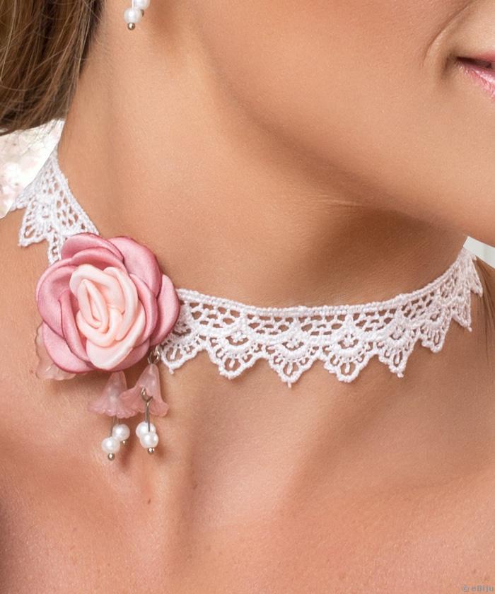 Choker pentru mirese cu trandafir roz si perle de sticla