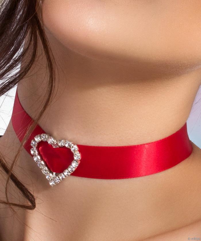 Choker satin roşu şi inimioară cu cristale