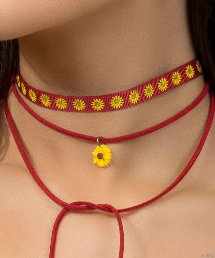 Choker triplu bordo, cu flori galbene