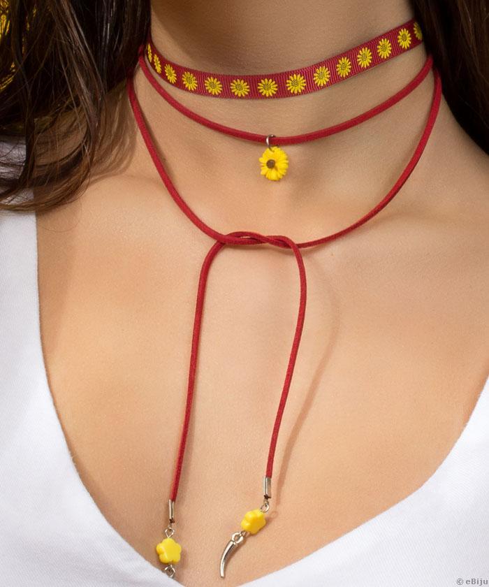 Choker triplu bordo, cu flori galbene