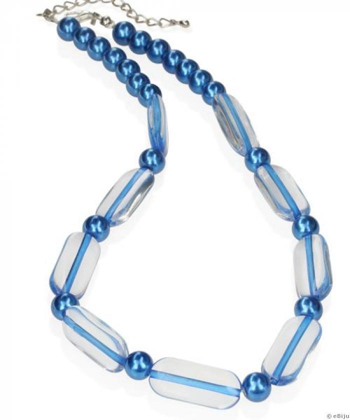 Colier albastru, material sintetic cu perle de sticla