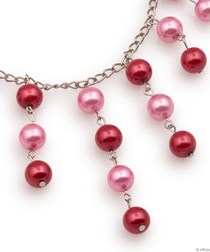 Colier chandelier din perle de sticlă roz şi roşii