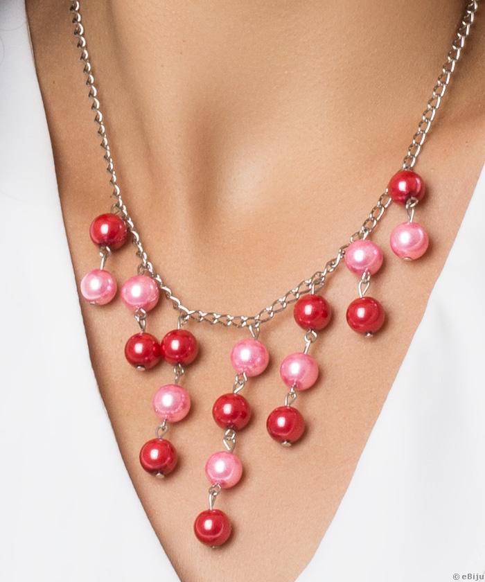 Colier chandelier din perle de sticlă roz şi roşii