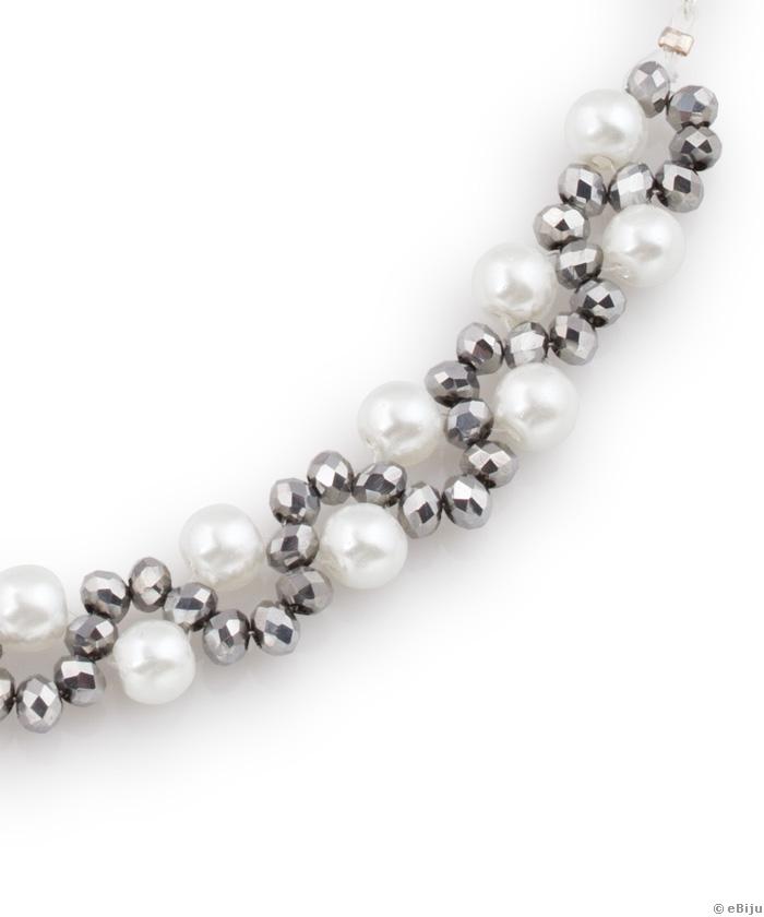 Colier din cristale rondelle gri şi perle de sticlă albe