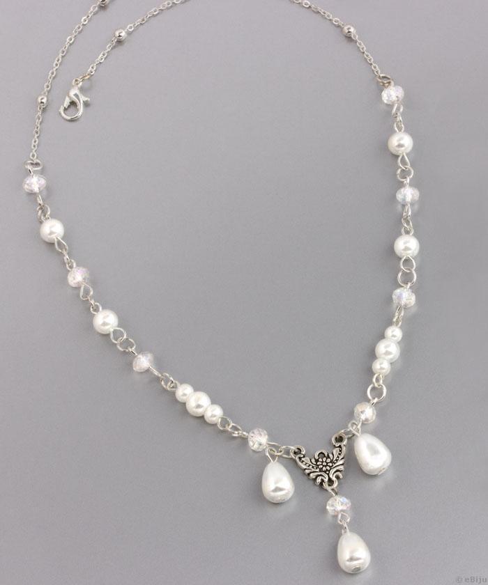 Colier din perle de sticlă albe, cu cristale rondelle