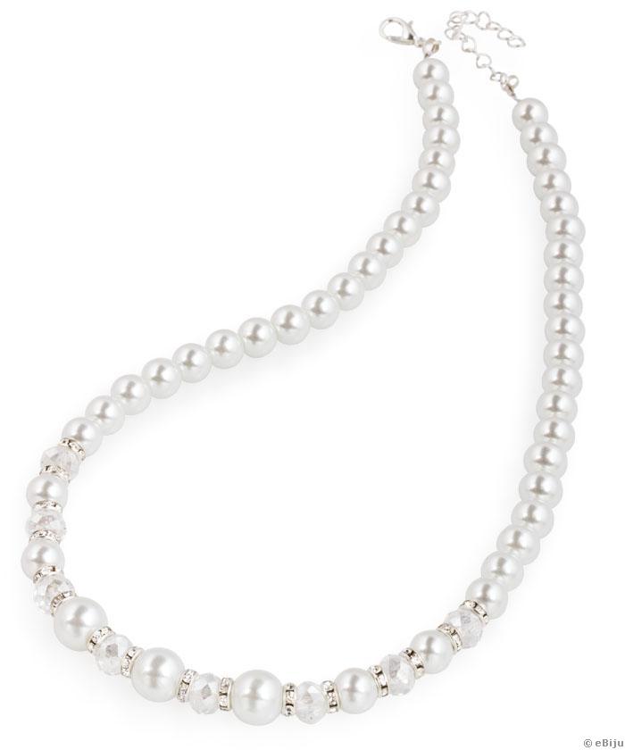 Colier din perle de sticlă albe, cu cristale transparente
