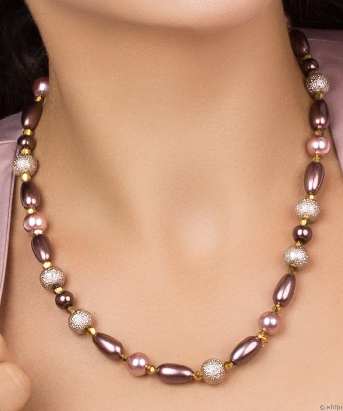Colier din perle de sticlă maro, roz pudră şi gofrate bej