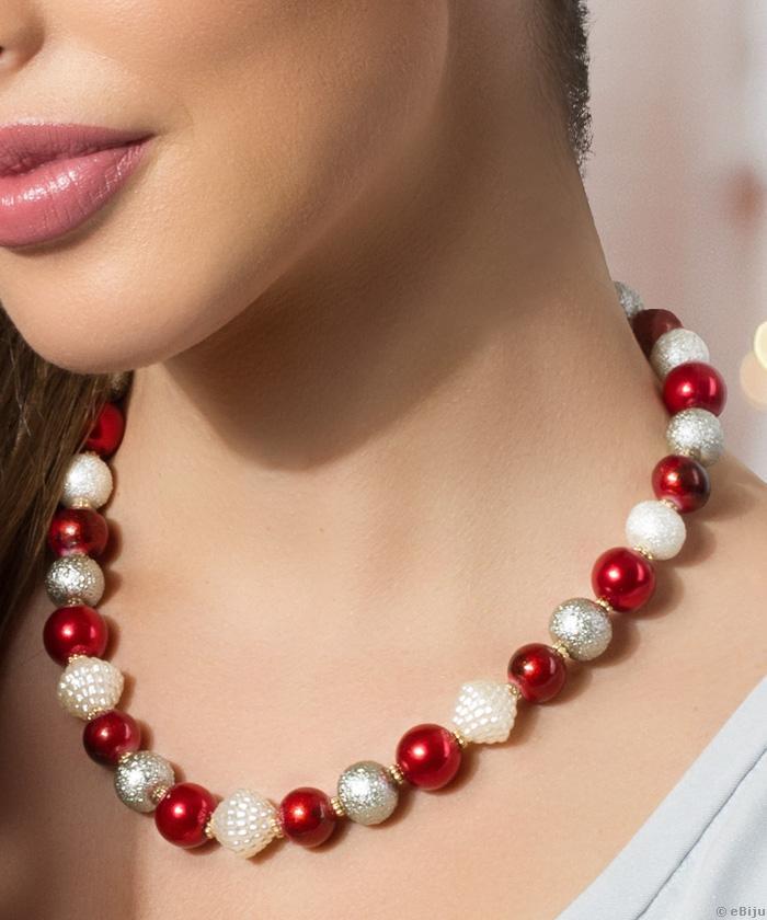 Colier din perle de sticlă roşii, albe şi gri