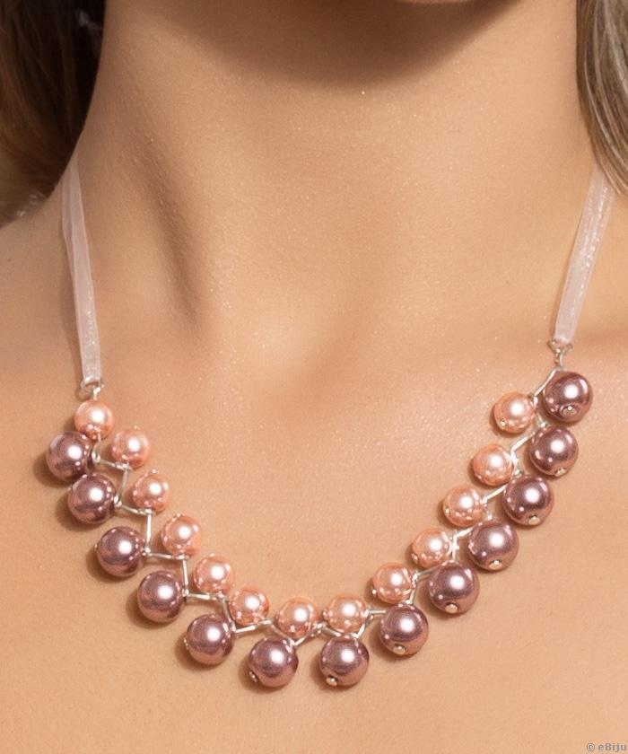 Colier din perle de sticlă roz pudră şi roz piersică
