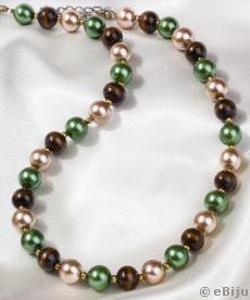 Colier din perle verzi, aurii şi mărgele de lemn