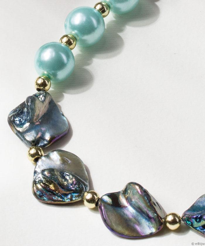 Colier din sidef albastru, cu perle şi organza