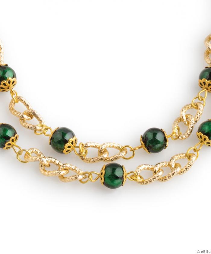 Colier dublu auriu cu perle de sticlă verzi