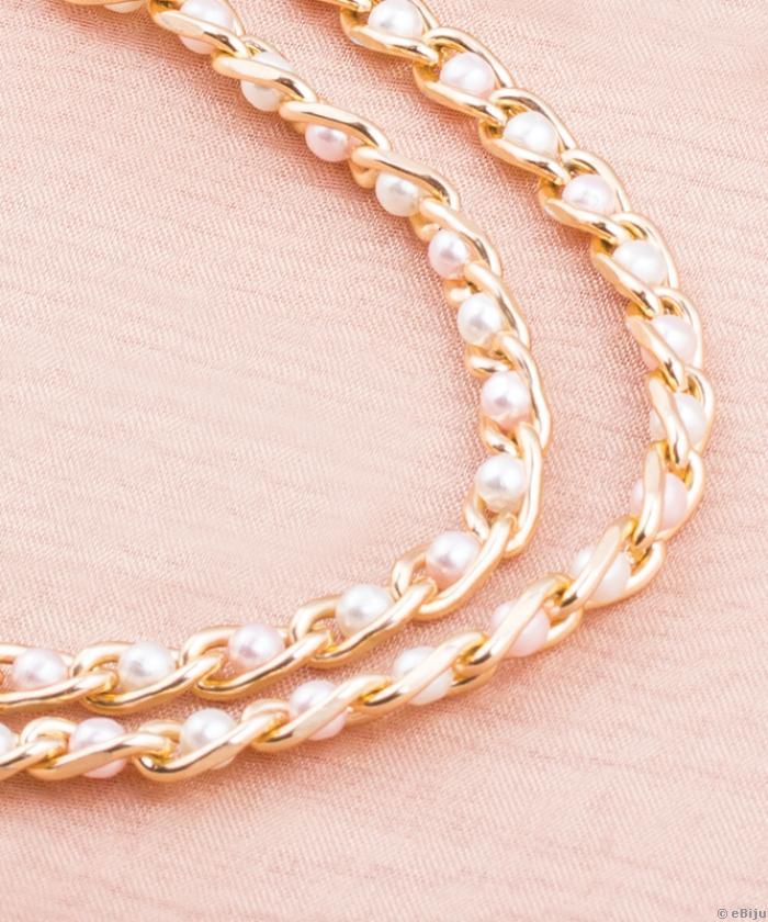 Colier multifuncţional din lanţ auriu cu perle roz şi crem