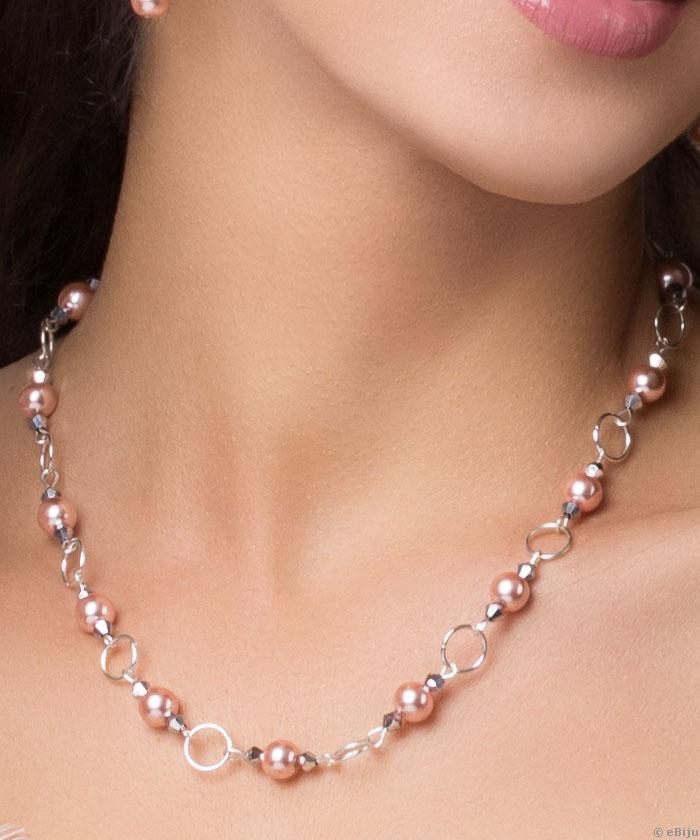 Colier perle de sticlă roz-piersică, cu zale