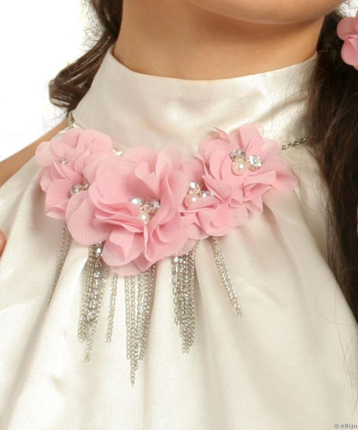 Colier roz-pal cu flori din material textil si cristale albe
