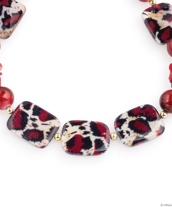 Colier sidef leopard print, cu coral roşu