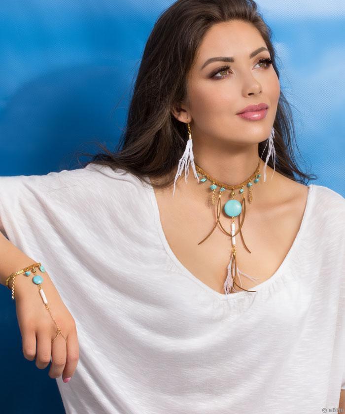 Colier stil boho chic cu pene si howlite