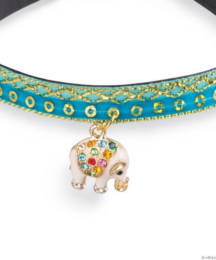 Colier tip choker catifea turcoaz-auriu cu elefant