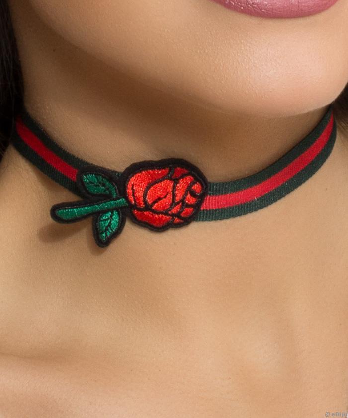 Colier tip choker, cu trandafir brodat