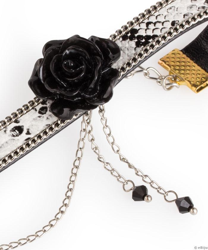 Colier tip choker din imitaţie de piele de şarpe şi trandafir negru