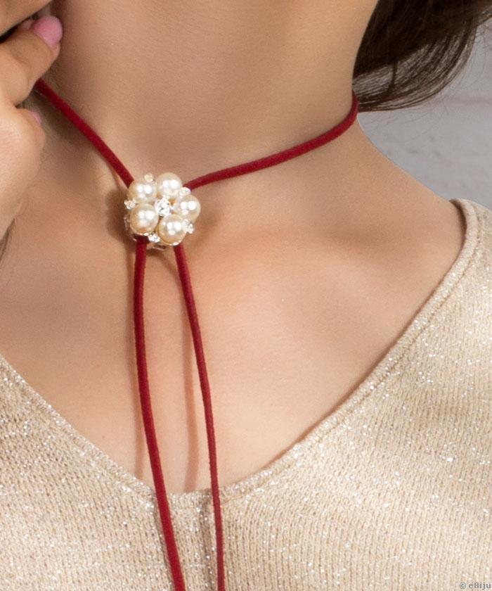 Colier tip choker din piele ecologică bordo, cu perle de sticlă