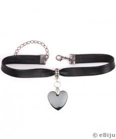 Colier tip choker, din piele ecologică neagră, cu inimioară hematit