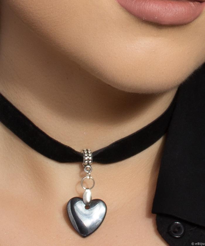 Colier tip choker, din piele ecologică neagră, cu inimioară hematit