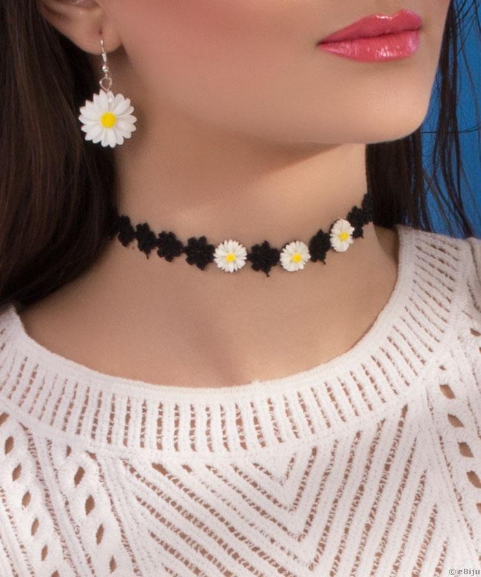 Colier tip choker floricele negre şi margarete albe