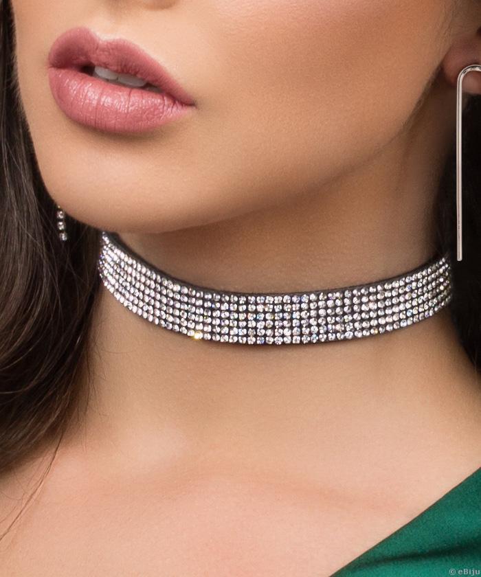 Colier tip choker negru cu cristale albe