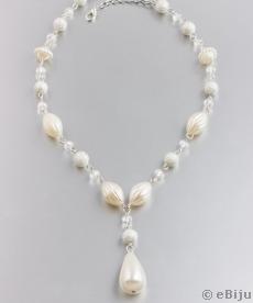 Colier Y din mărgele ovale şi perle de sticlă