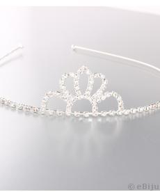 Diadema argintie cu coronita, cu cristale albe