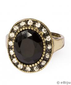 Fekete gyűrű, bronzszínű fém fekete és fehér kristályokkal