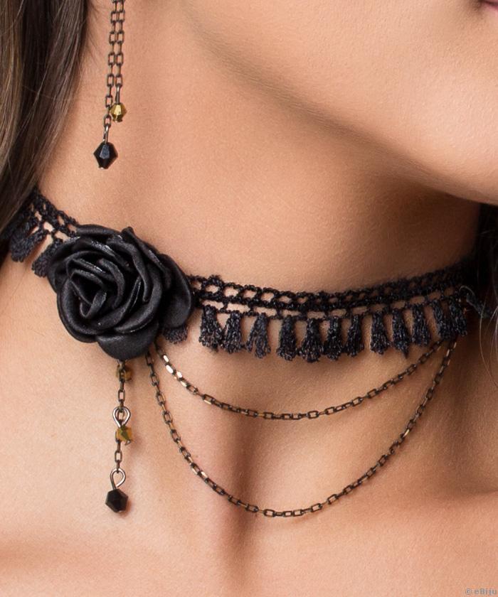 Fekete makramé choker, rózsával