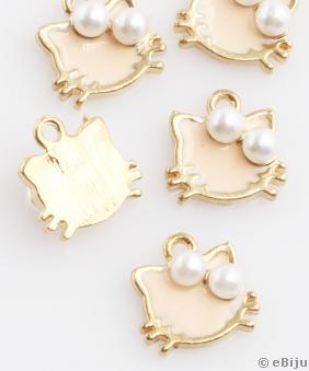 Hello Kitty medál, üveggyöngyökkel, aranyszínű fém, 1 x 1.2 cm