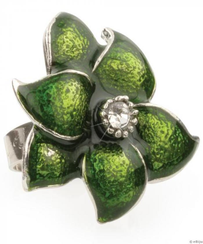 Inel argintiu in forma de floare verde cu stas alb